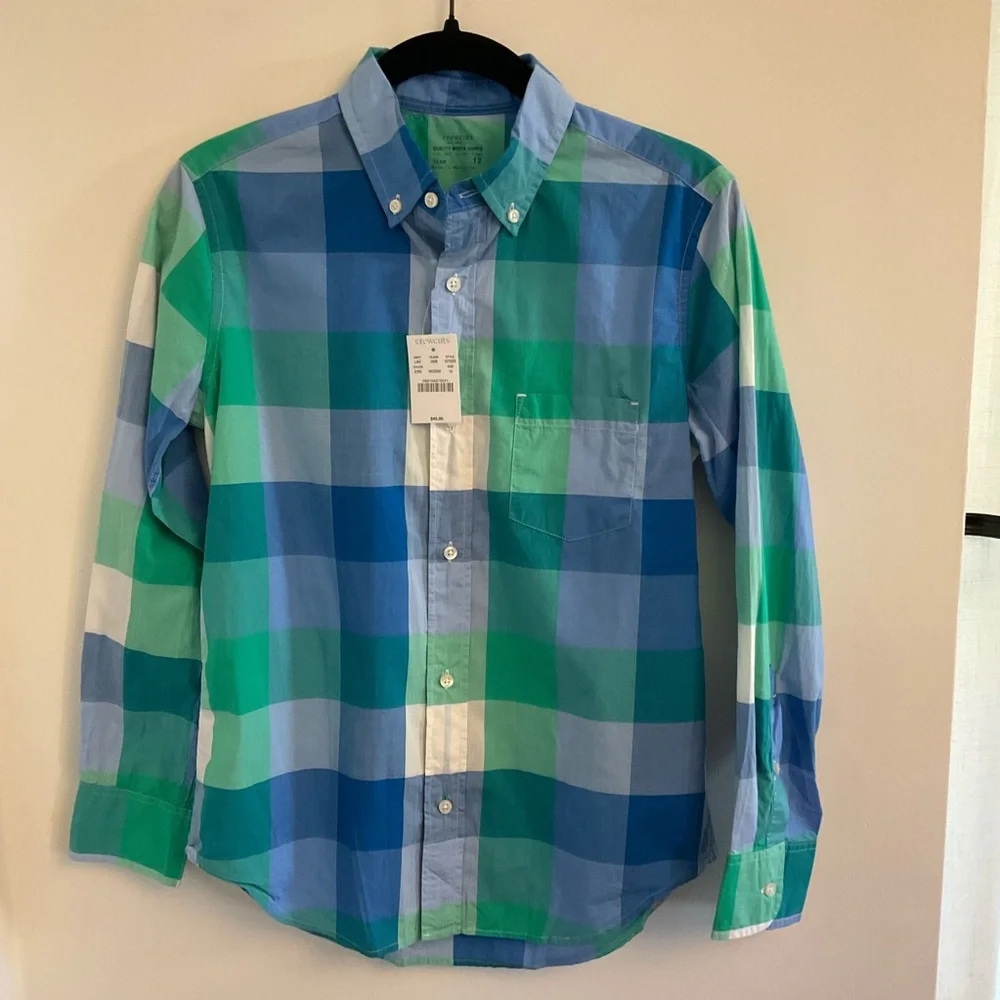 Crewcuts Boys Blue & Green Plaid Button-Down Shirt, Sz 12 NWT